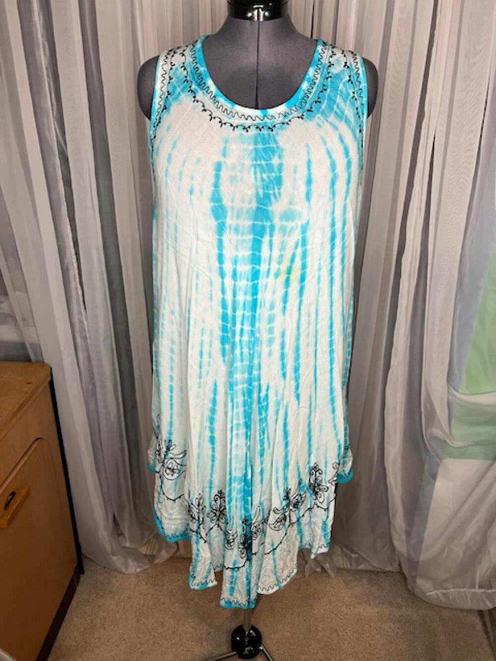 Sun dress tie dye muu muu boho blue white embroidered